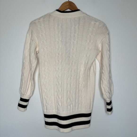 Loft Tipped V-Neck Pocket Cardigan Sweater Size XS Cream Black Cable Knit - Picture 2 of 8